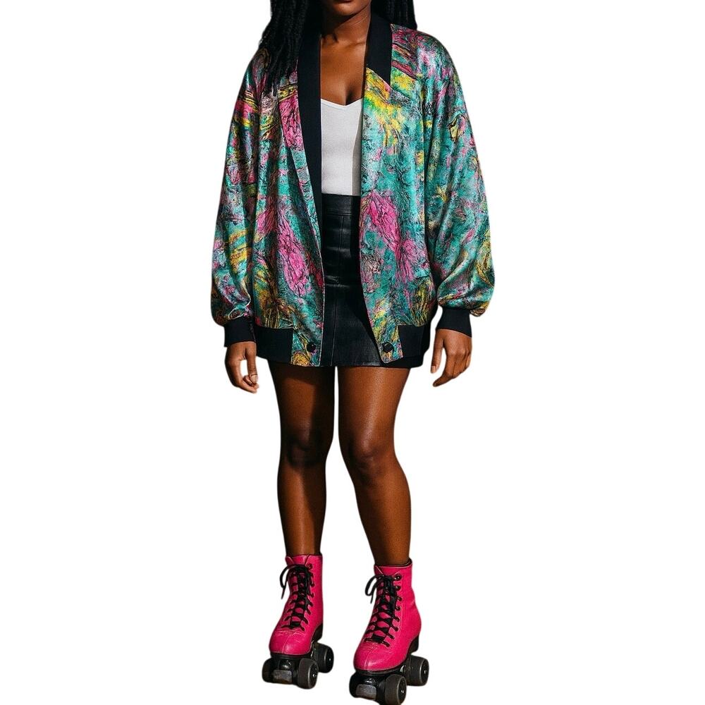 Vintage 80s Mighty Abstract Art Print Bomber Jacket Korea Colorful Satin bold OS